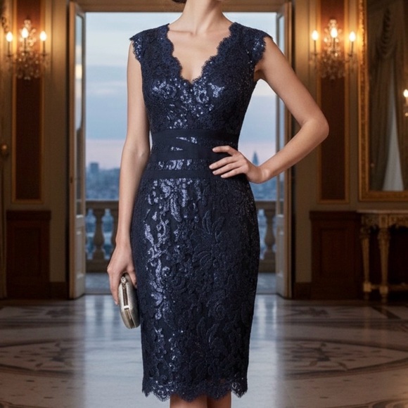 Tadashi Shoji Sequin Lace Banded Navy Black Sheath Cocktail Dress Whimsigoth - Picture 2 of 12